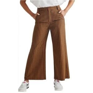 Free People Mott Street Gingham Wide Leg Cropped Pants Tobacco Brown Size 8